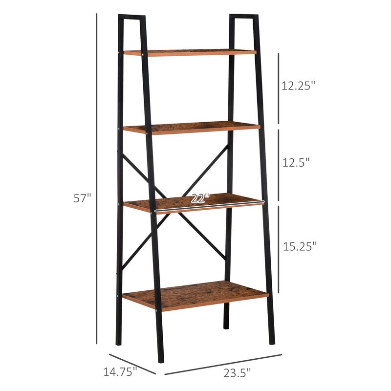 Black Rustic Organizer: 4-Tier Vintage Ladder Bookshelf for Bathroom/Living Room