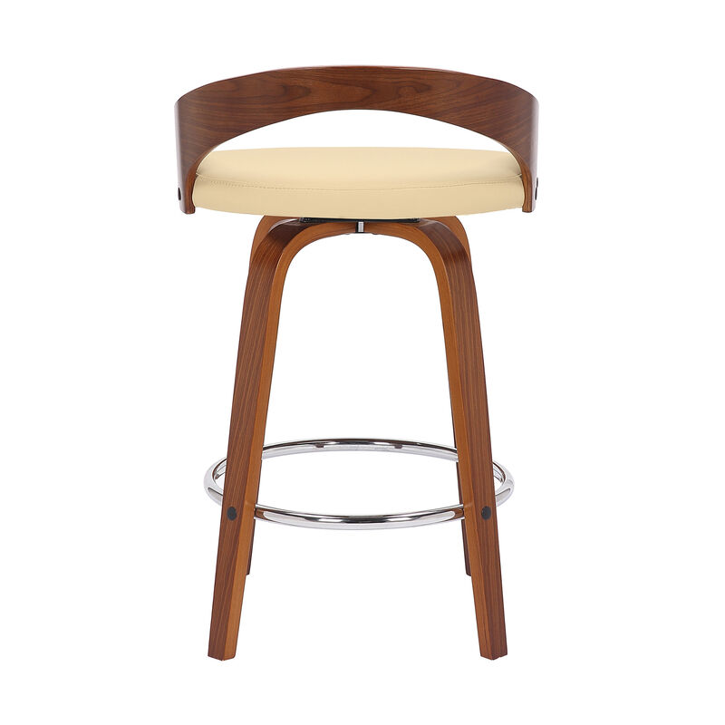 Hivvago 26 Inch Cream and Brown Faux Leather and Solid Wood Low Back Counter Height Swivel Bar Chair