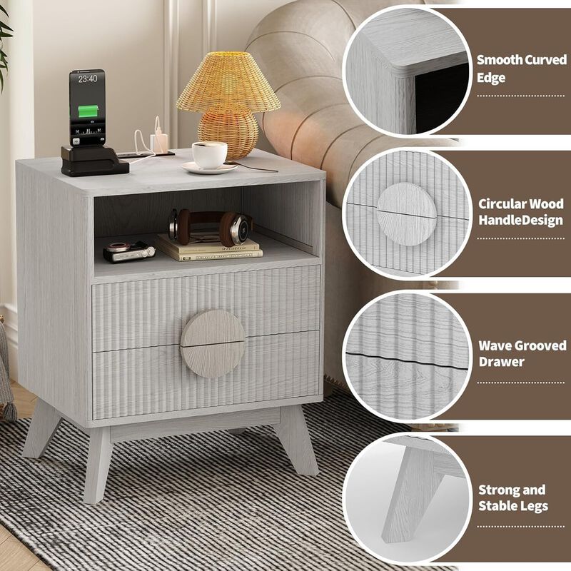2pcs Modern Fluted Night Stand, Bedroom Nightstand with USB Charging Station, Wood Fluted Bedside Table with 2 Drawers, Natural Oak image number 6