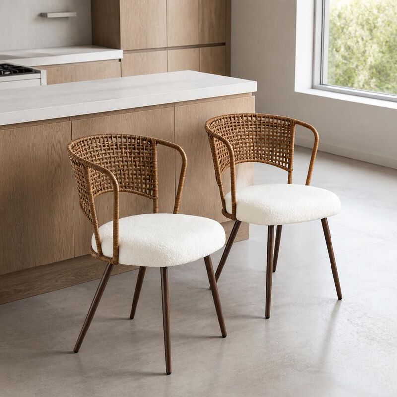GOODSILO Set of Two Woven Rattan Wing Back Dining Chairs with Soft Foam Cushion and Metal Legs for Kitchen Dining Room Home Use image number 2