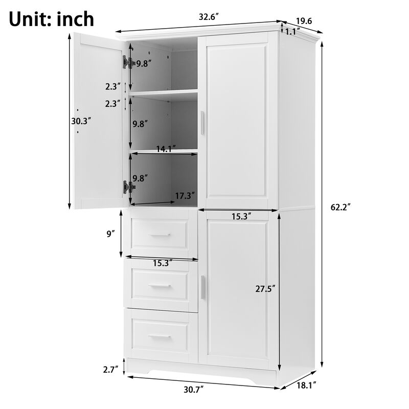 Whisen Tall and Wide Storage Cabinet with Doors, Three Drawers and Adjustable Shelf