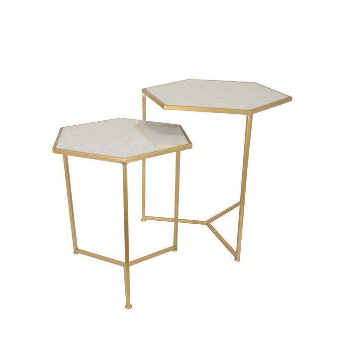 Plant Stand Table Set of 2, Metal Gold Frames, Hexagonal White Tabletops - Benzara