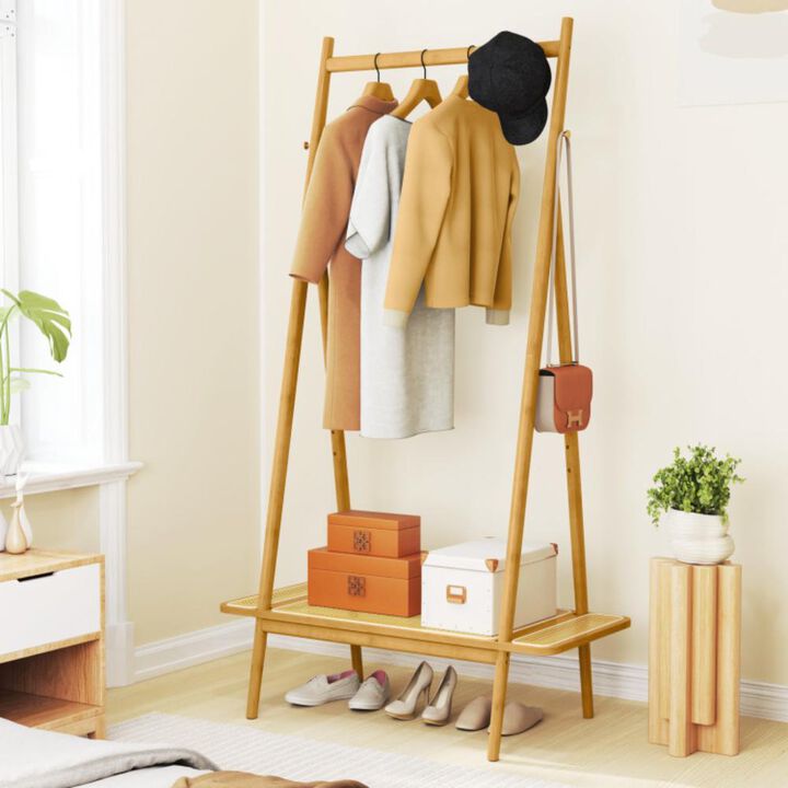 Hivvago Bamboo Clothes Rack with Hanging Rod Rattan Shelf and Copper Hooks