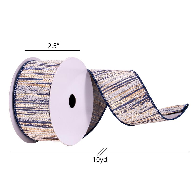 Vickerman 2.5" x 10 yd Navy, Cream, and Champagne Stripes Ribbon, Seasonal Christmas Ribbon for Gift Wrapping, Tree Decor image number 2
