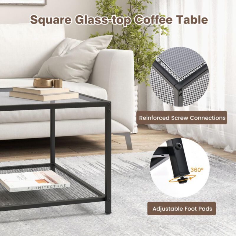 Hivvago Modern 2-Tier Square Glass Coffee Table with Mesh Shelf