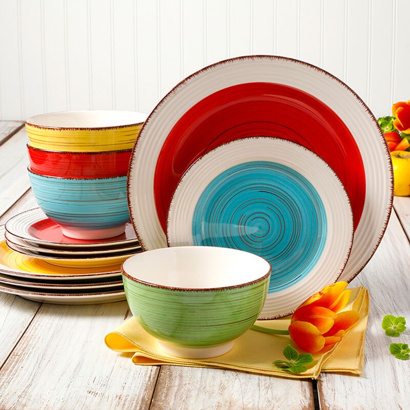 Gibson Home Confetti Band 12 Piece Mix and Match Round Ceramic Dinnerware Set in Assorted Colors