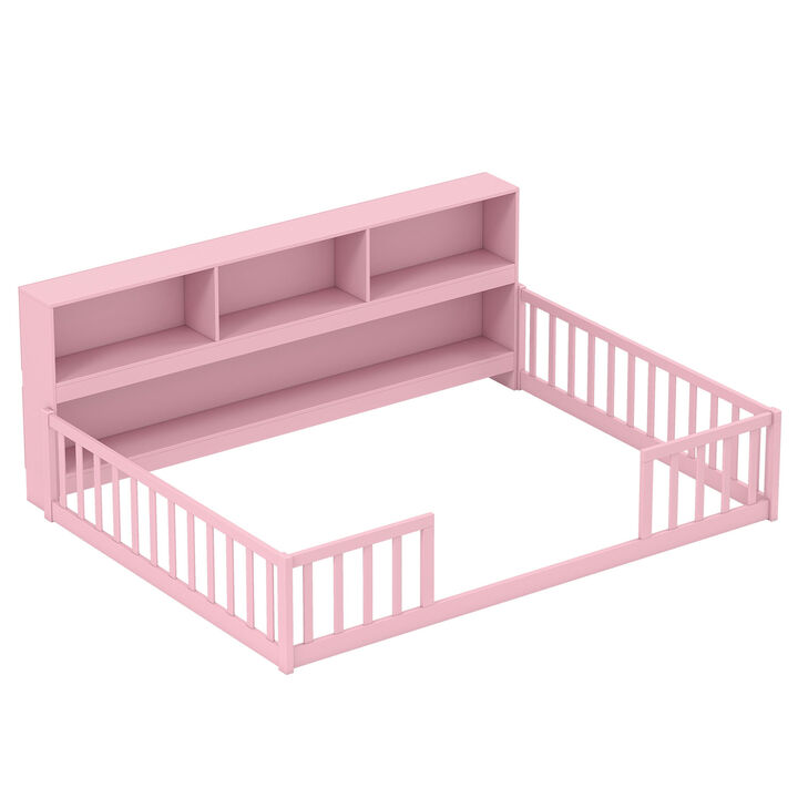 Wooden Floor Bed Frame with Bookcase for Kids Room