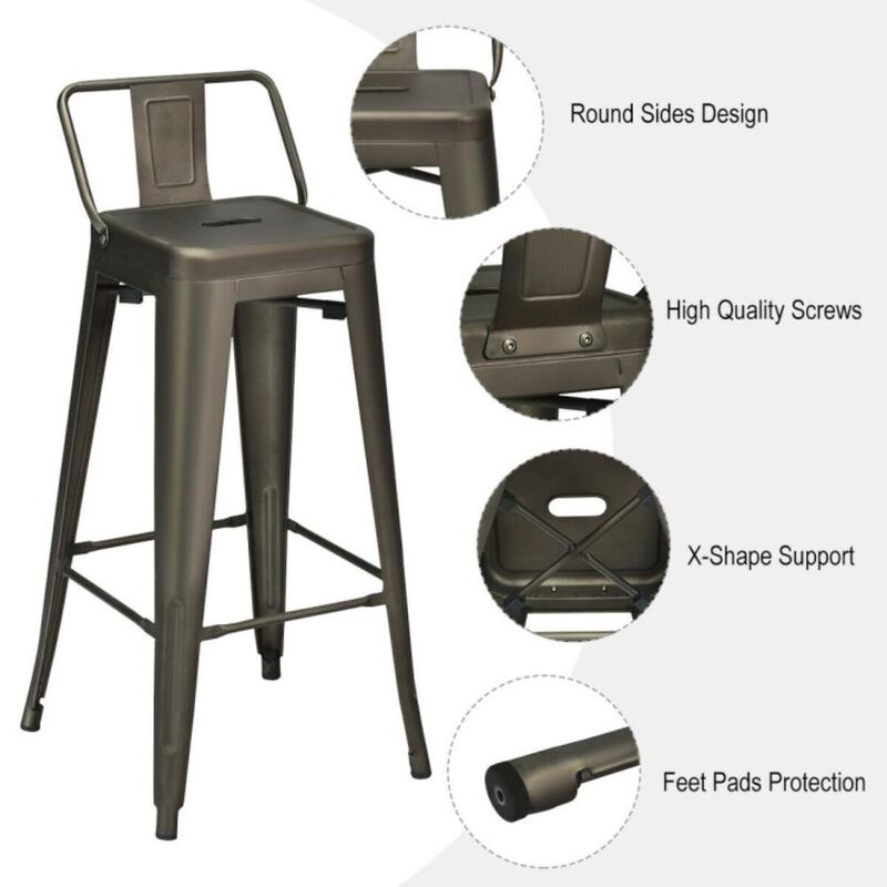 Hivvago Set of 4 Metal Counter Height Barstools with Low Back and Rubber Feet