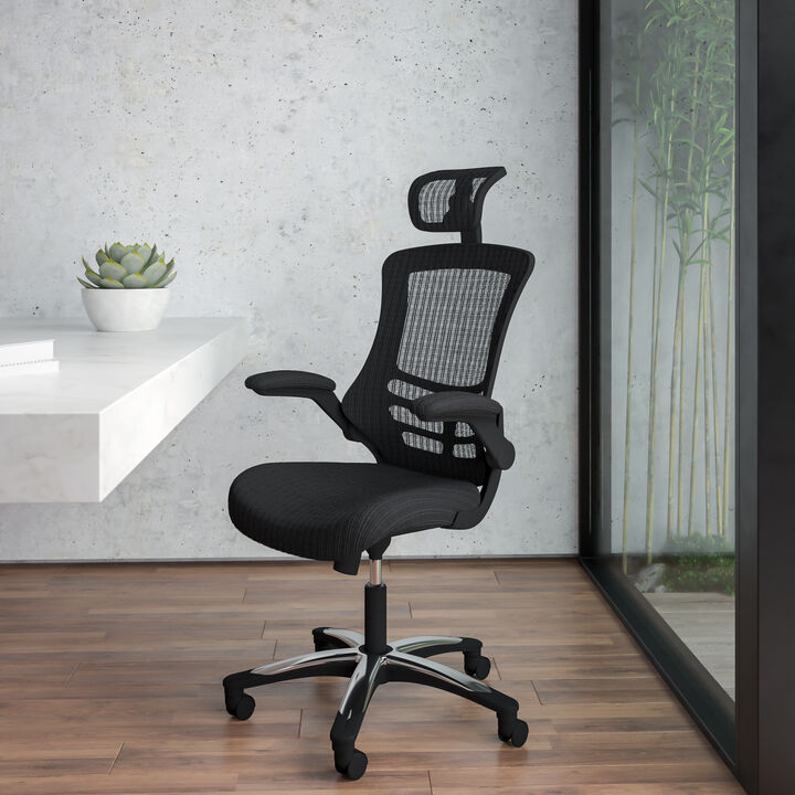 Kelista High-Back Black Mesh Swivel Ergonomic Executive Office Chair with Flip-Up Arms and Adjustable Headrest