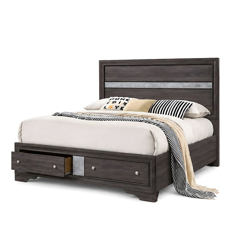 Cevy 5pc Queen Bedroom Set, 2 Nightstands, Silver Accents, Gray Wood image number 2