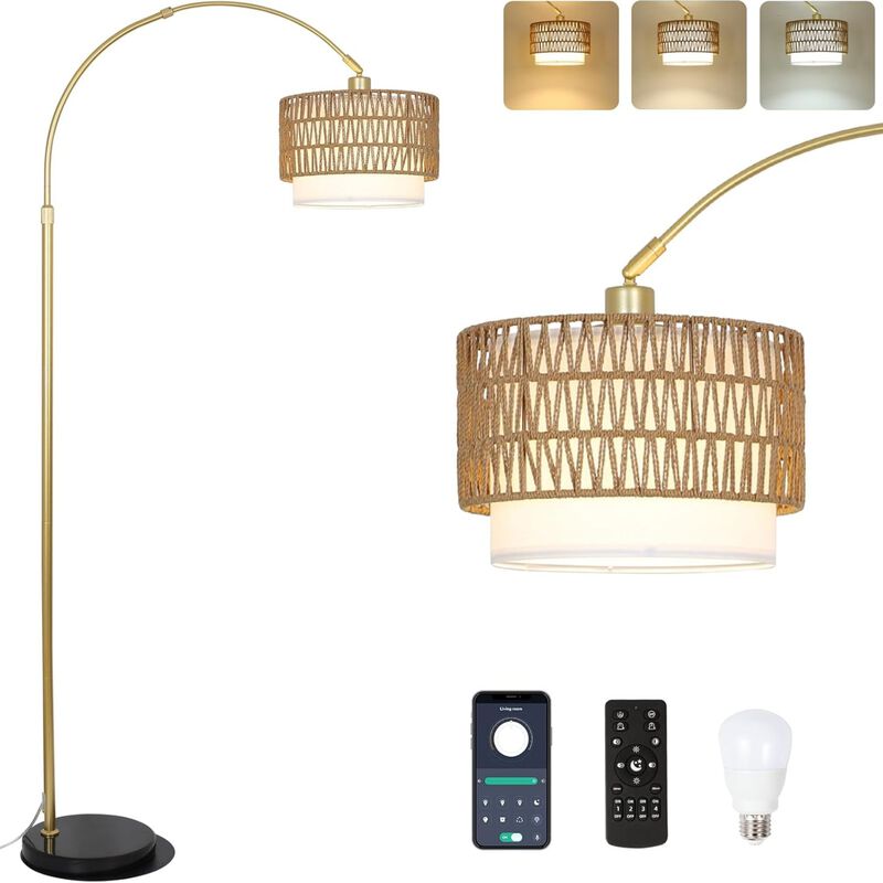 ELEMENT ACE Adjustable Height Arc Floor Lamp with Dimmable LED Bulb, Remote & Foot Switch Control, Rattan & Linen Shades, Tall Standing Lamp for Living Room Bedroom image number 0