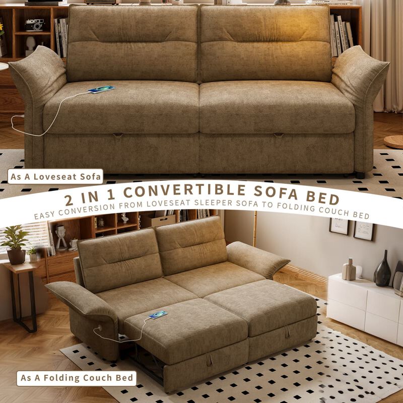 Convertible sleeper sofa bed, Plush fabric pull out futon with USB charging ports, 85 inch sofa bed for small spaces image number 5