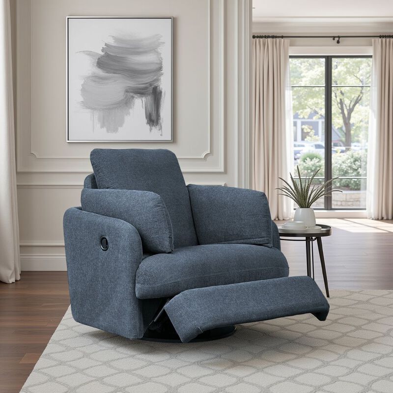 Meso Swivel Manual Glider Recliner Chair, Ink Blue Nuvella Polyester - Benzara