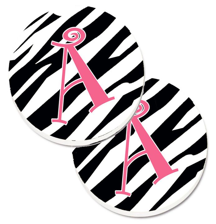Caroline's Treasures Letter A Monogram - Zebra Stripe & Pink Set of 2 Cup Holder Car Coasters CJ1037-ACARC, 2.56, Multicolor