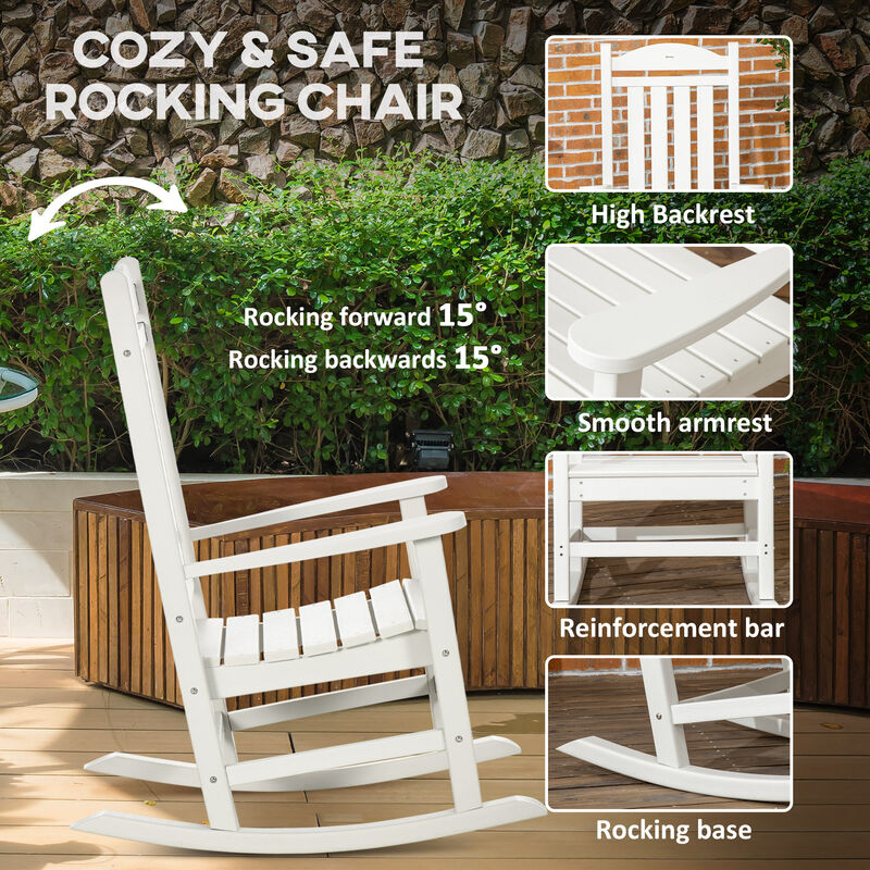 Outsunny 2 Pieces Outdoor Rocking Chair, All Weather-Resistant HDPE Rocking Patio Chairs with Rustic High Back, Armrests, Oversized Seat and Slatted Backrest, 350lbs Weight Capacity, White