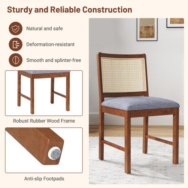 Hivvago Rattan Dining Chair Set of 2 with Rubber Wood Frame and Linen Fabric Padded Seat