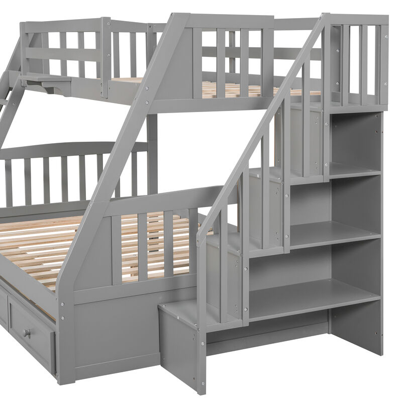 Whisen Twin-Over-Full Bunk Bed with Drawers, Ladder and Storage Staircase- Gray