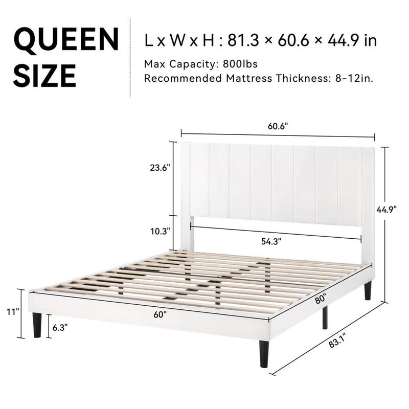 Hivvago Full size White Velvet Upholstered Platform Bed Frame with Headboard