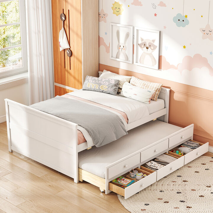 White Full Bed with Twin Trundle and 3 Built-In Storage Drawers