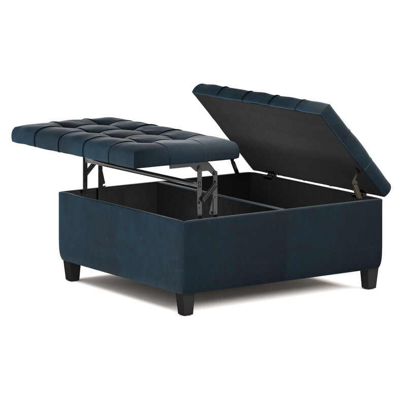Harrison Coffee Table Storage Ottoman in Distressed Dark Blue Faux Leather