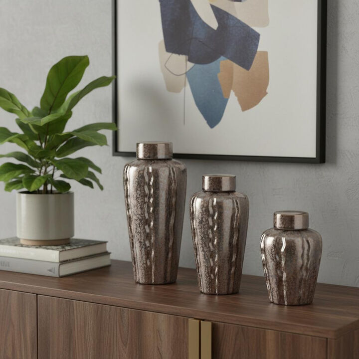 HomeRoots Set of Three Bronze And Silver Ceramic Urn Ginger Jars