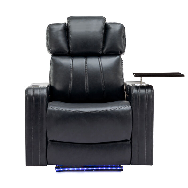 Whisen PU Leather Power Recliner with Cup Holder, Bluetooth Speaker, LED Lights, USB Ports, Tray Table and Arm Storage