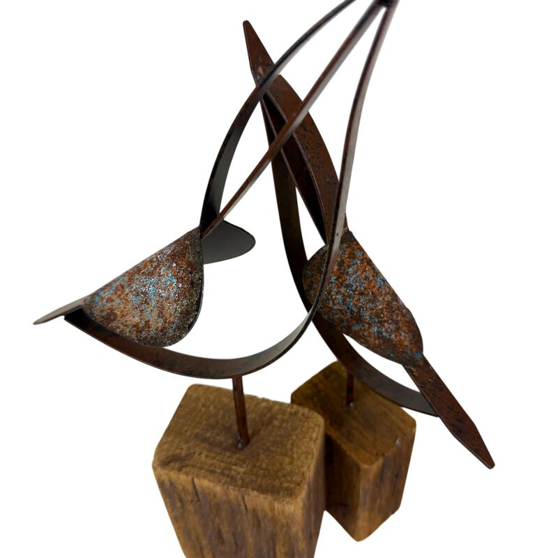 Abstract Bird Statues Set Of 2 Rustic Wood Metal Tabletop Sculptures 1325in image number 5