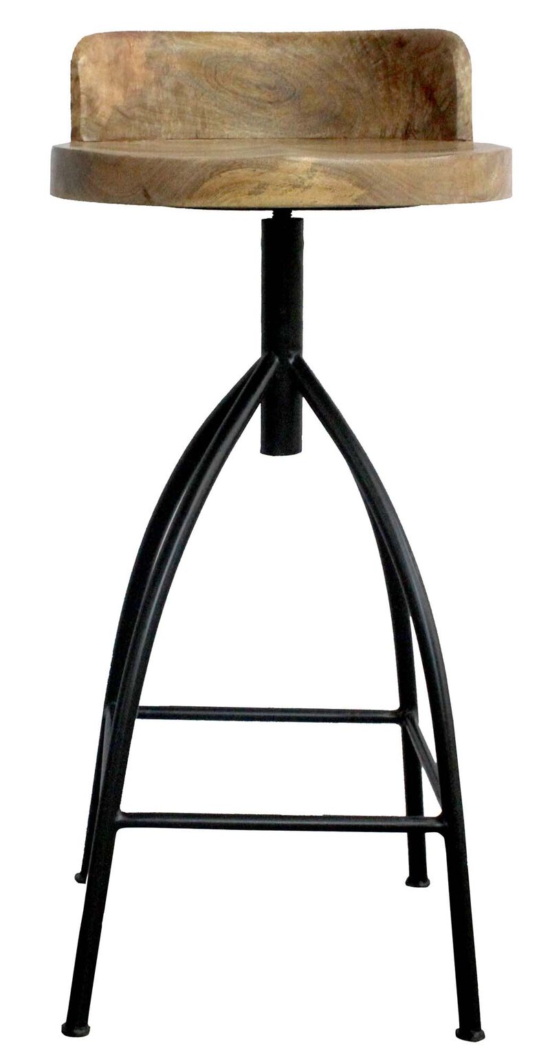 Pia 32-35 Extra Tall Adjustable Barstool, Natural Brown Mango Wood Seat, Black Iron Frame