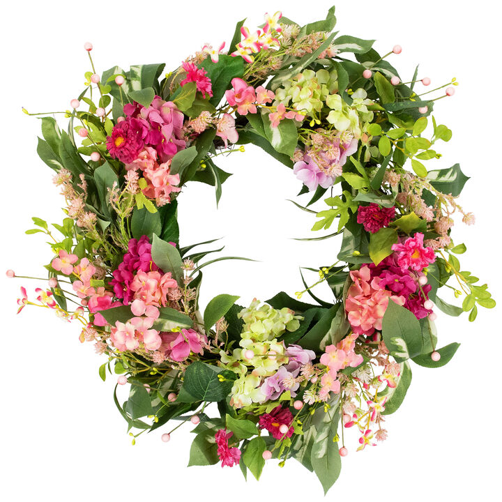 Leafy Hydrangea Floral Spring Wreath - 24" - Pink