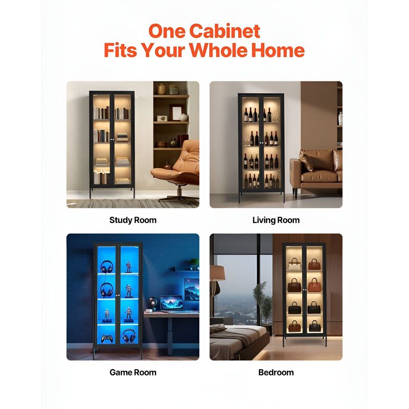 4-Tier Glass Door Display Cabinet with 3 Adjustable Shelves and LED Lighting for Home Display-Black image number 4