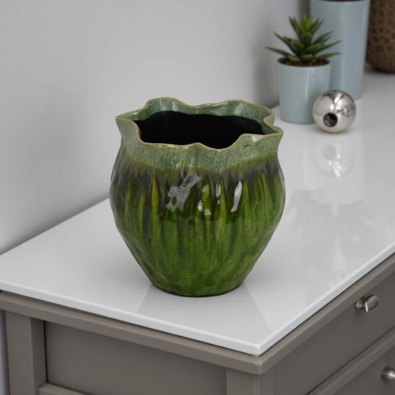 Balie Accent Vase, Green Ceramic Irregular Top Edge, Modern 10 Inch - Benzara