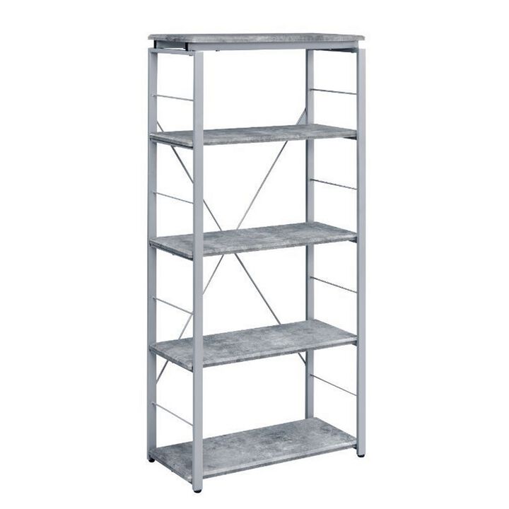 Industrial Bookshelf with 4 Shelves and Open Metal Frame, Silver and Gray-Benzara