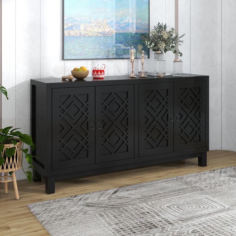 Large Storage Space Sideboard, 4 Door Buffet Cabinet with Pull Ring Handles for Living Room, Dining Room (Black)