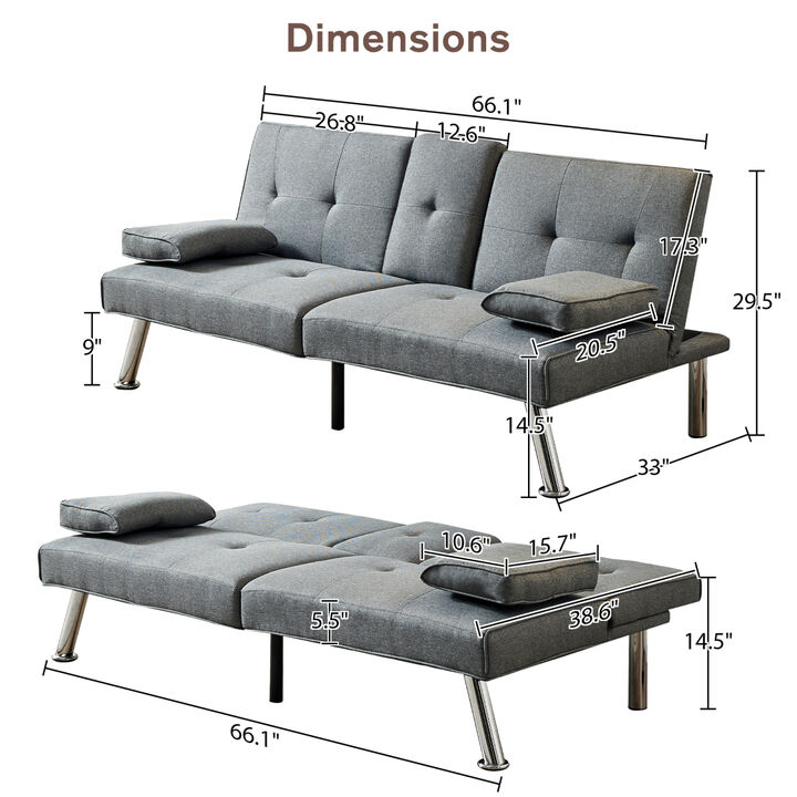 Linen Fabric Modern Sofa Bed Futon Couch Bed Folding Recliner Sleeper Reversible Loveseat Convertible Daybed, 2 Cup Holders, 3 Angles, Removable Armrests, Gray
