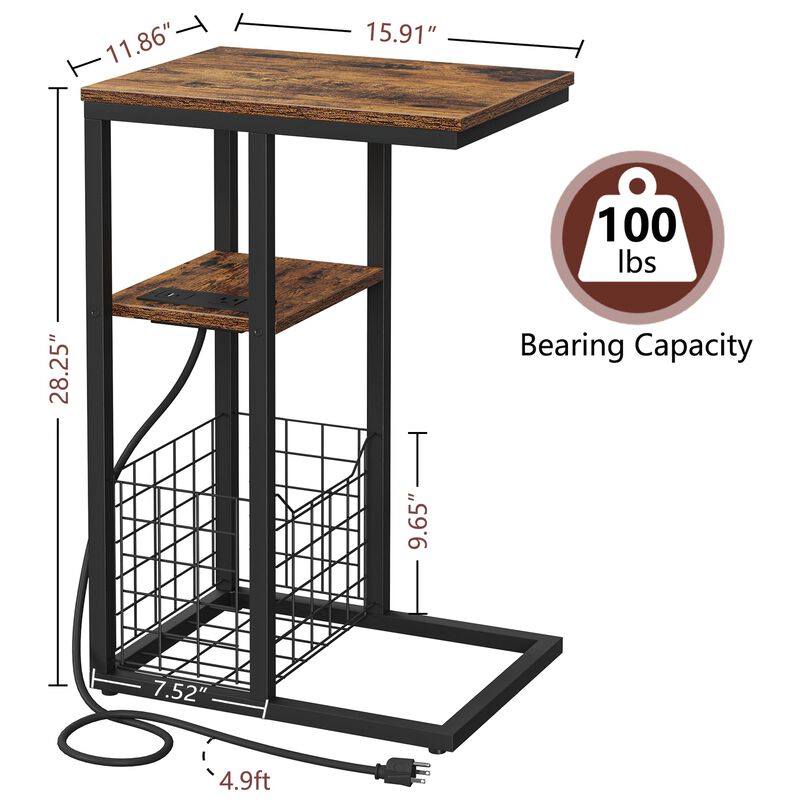 Vagusicc C Shaped End Table with Charging Station, Side Table for Couch, Small Side End Table for Small Spaces, 28"" High Slide