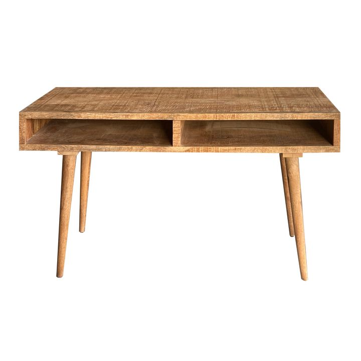 48 Inch Minimalist Mango Wood Desk, 2 Compartments, Splayed Legs, Weathered Oak Brown-Benzara