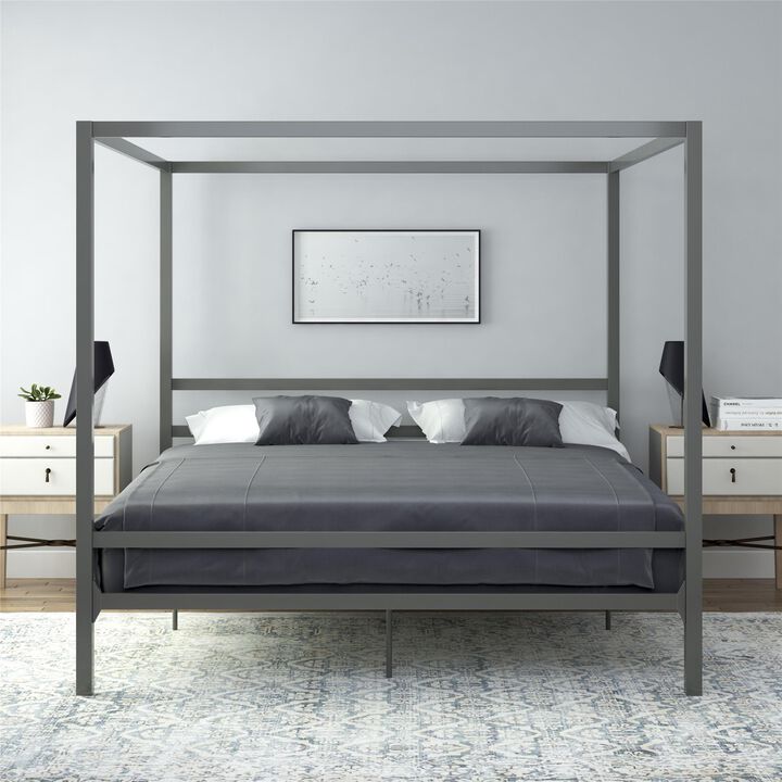 Modern Canopy Metal Bed, King, Gray