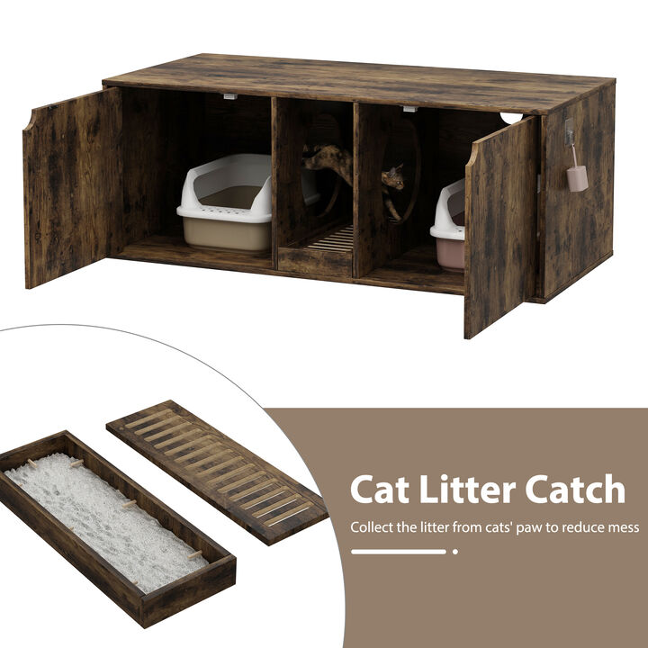 Cat Litter Box Enclosure for 2 Cats, Wood Stackable Cat Washroom Storage Cabinet Bench End Table Furniture, Tiger Skin