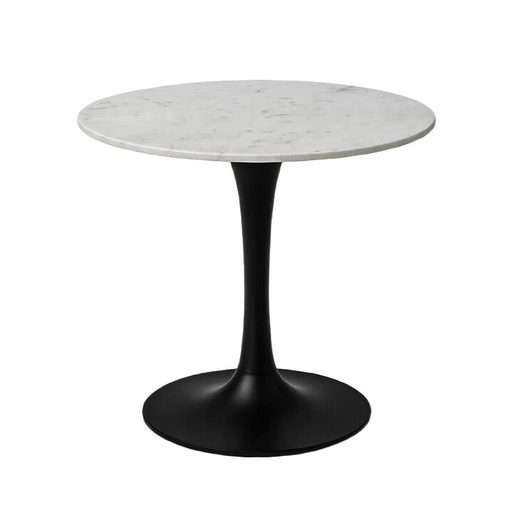 Mara Dining Table | 30 Inch Round White Genuine Marble Top | Black Metal Tulip Padestal Base