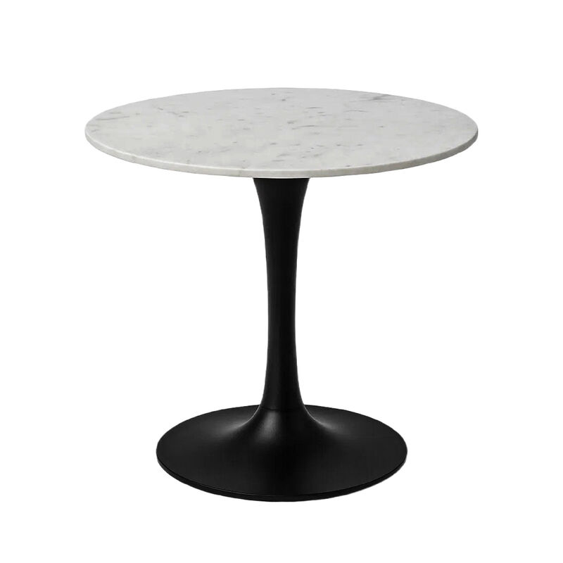 Mara Dining Table | 30 Inch Round White Genuine Marble Top | Black Metal Tulip Padestal Base