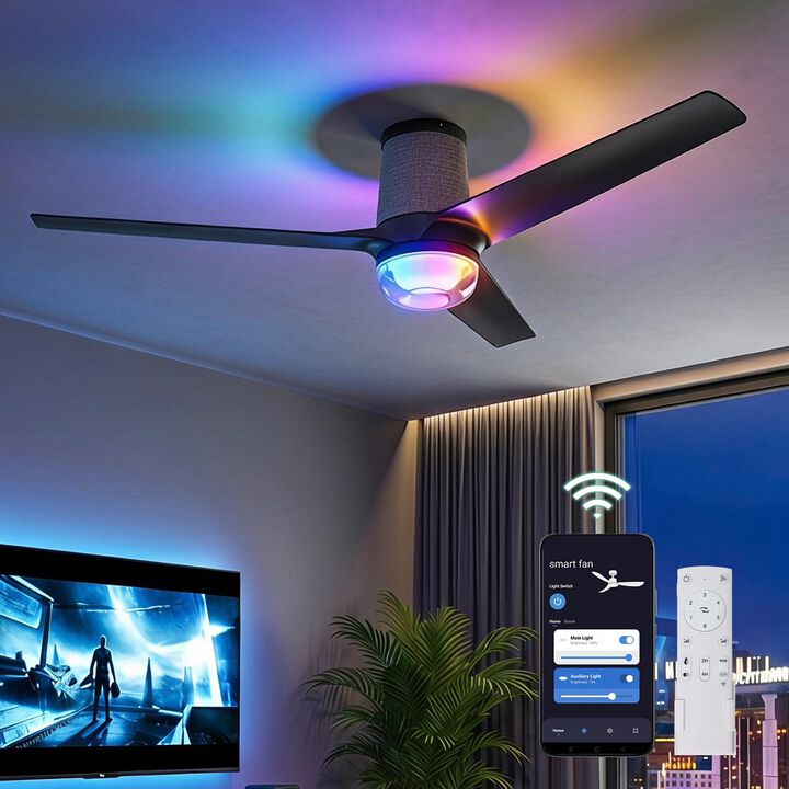 Flush Mount Ceiling Fan with Light and Remote, Smart RGB LED, Black