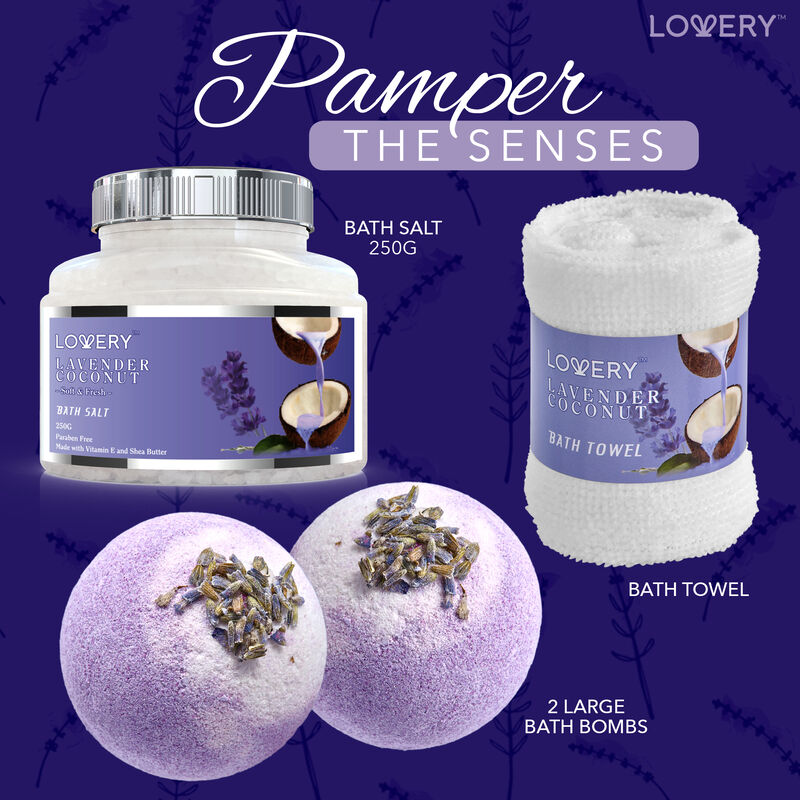 Lovery Home Spa Gift Set - Lavender Coconut - Handmade Pearl Basket - 9pc