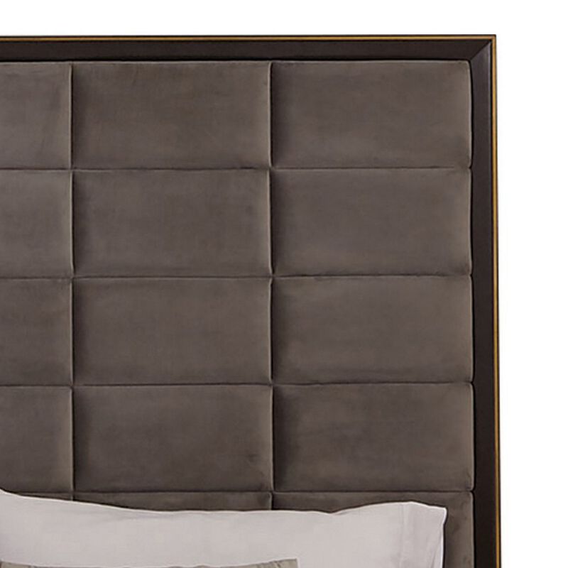Hena California King Bed, Grid Tufted Taupe Upholstered Tall Panel Headboard - Benzara