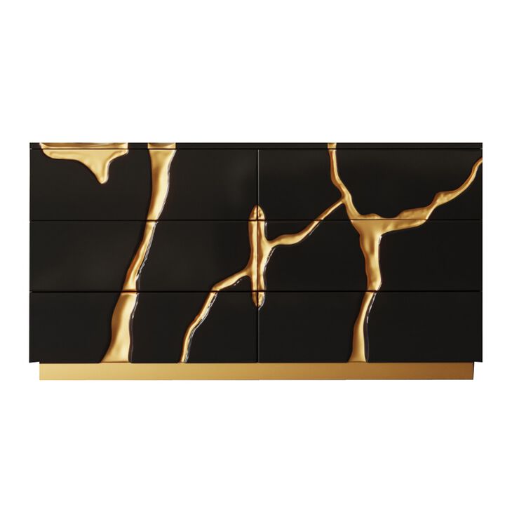 Cid Exie Dresser, Modern Glossy Black with Gold Inlaid Accents, 66 Inch - Benzara