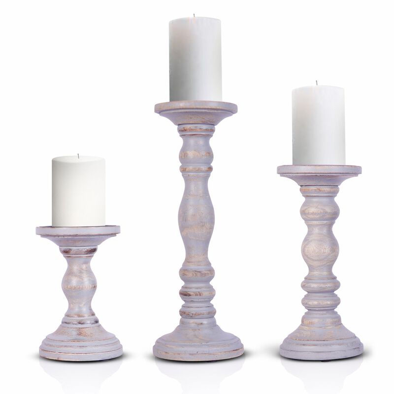 Homezia Set of Three Rustic Gray Genuine Wood Hand Carved Pillar Candle Holders
