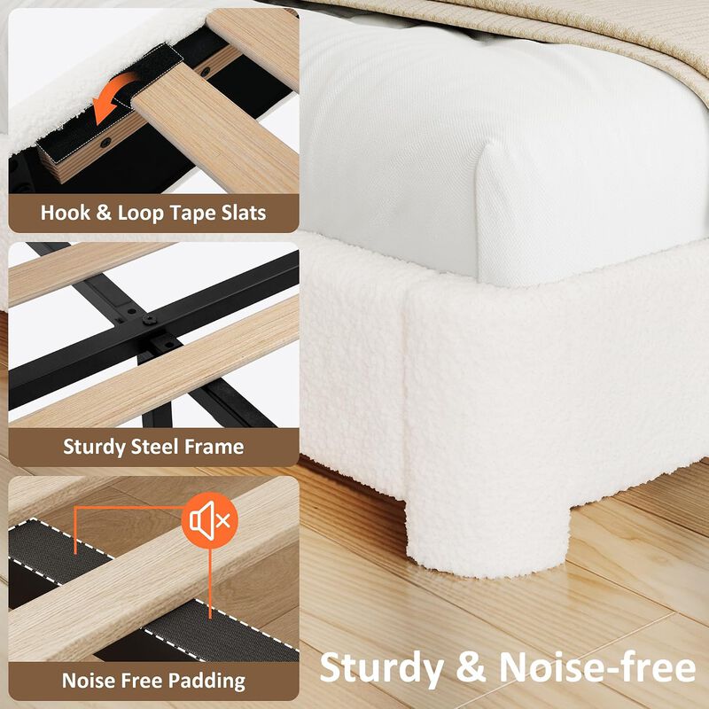 Vipbear Upholstered Boucle Platform Bed Frame with Adjustable Wide Headboard, Wooden Slats, White image number 4