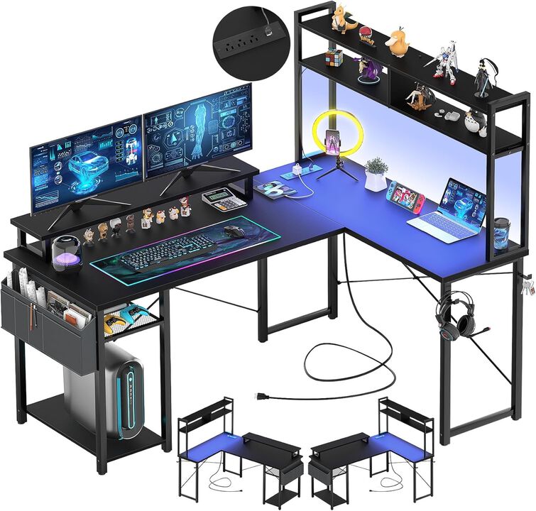 ShipItFurniture Compact Black L-Shaped Desk with Power Outlets and Monitor Stand