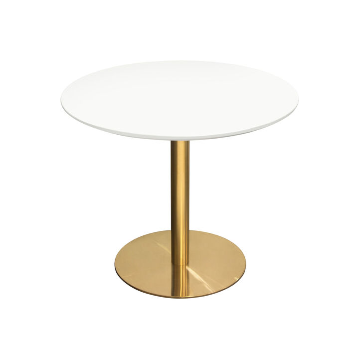 Rely Dining Table, 36 Inch Round White Lacquer Top, Gold Metal Base