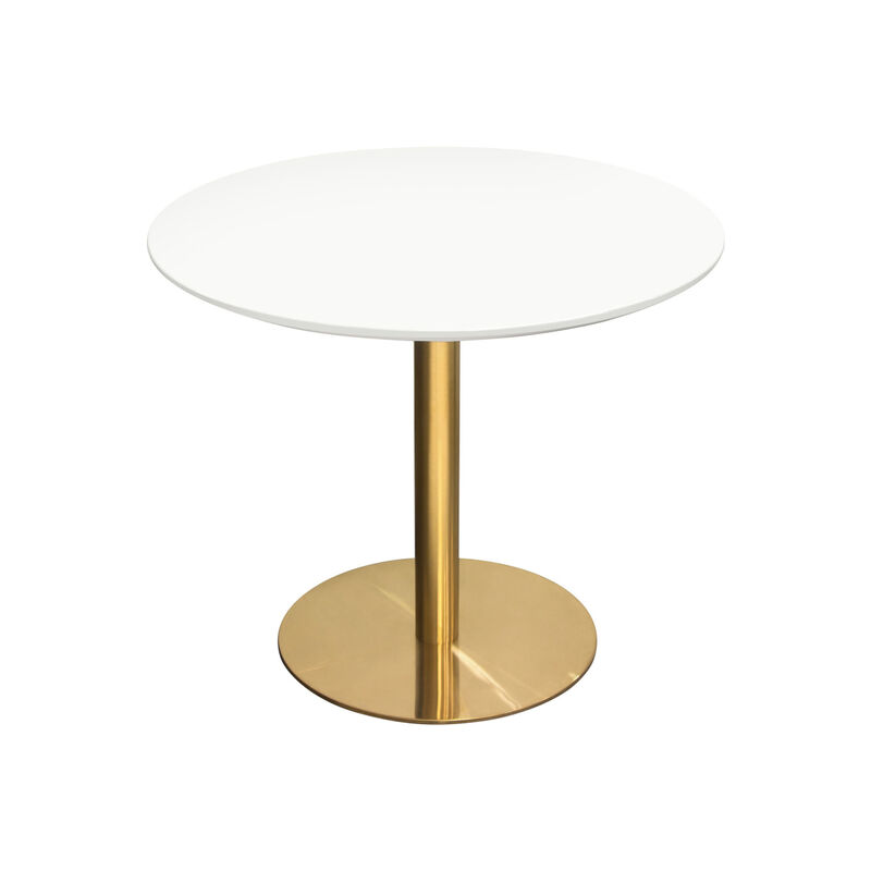 Rely Dining Table, 36 Inch Round White Lacquer Top, Gold Metal Base image number 0