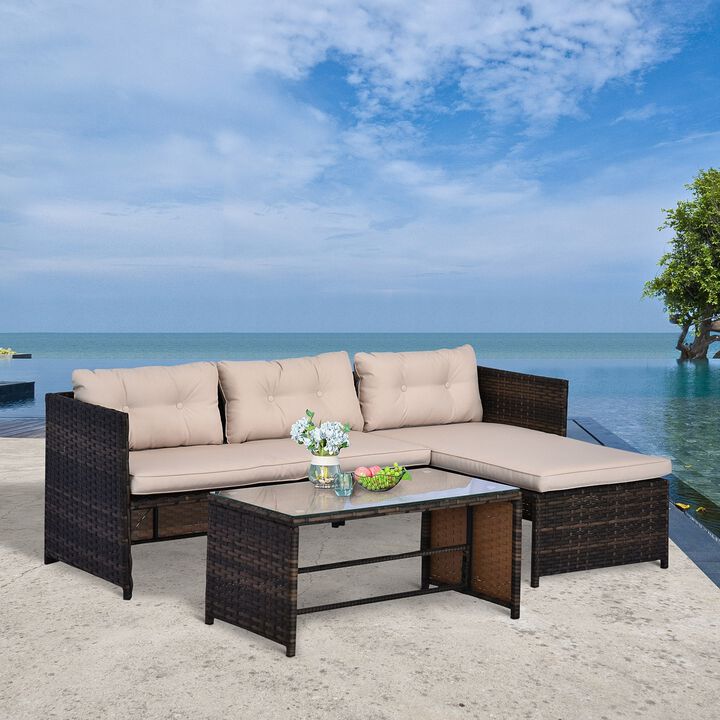 Cozy Garden Chat Set: 3-Piece Wicker Sectional with Cushioned Chaise